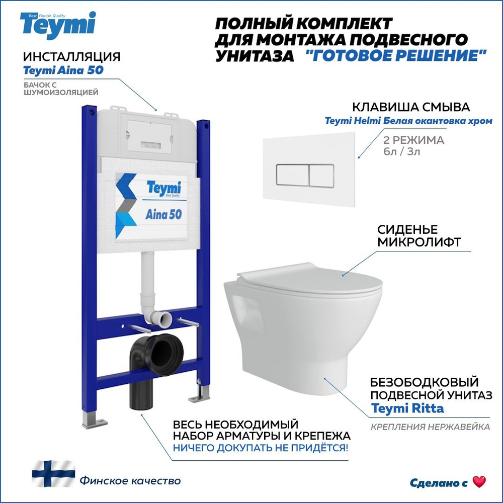 Инсталляция с унитазом комплект 5 в 1 Teymi унитаз подвесной безободковый Ritta кнопка белая / хром F13506 #1