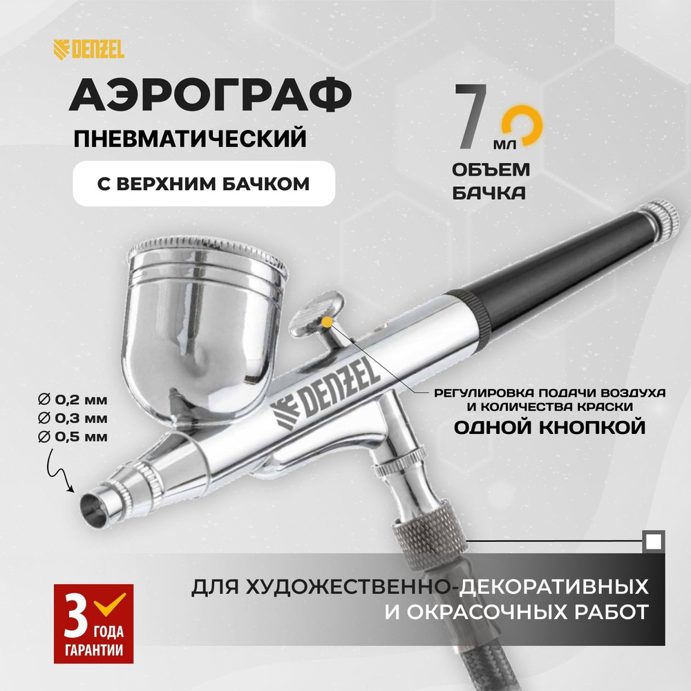 Аэрограф с верхним бачком AB1, 0.2/0.3/0.5 мм, 7 мл, 9 л/мин Denzel 57313  #1