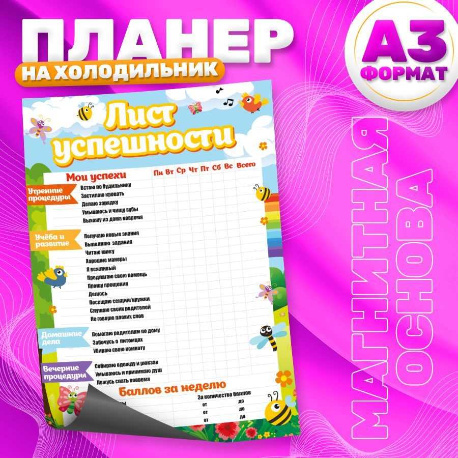 Магнитный планер, на холодильник, Лист успешности, А3 #1