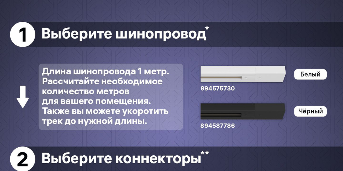 Выберите шинопровод. Длина шинопровода 1 метр. Рассчитайте необходимое количество метров для вашего помещения.  Также вы можете укоротить трек до нужной длины.