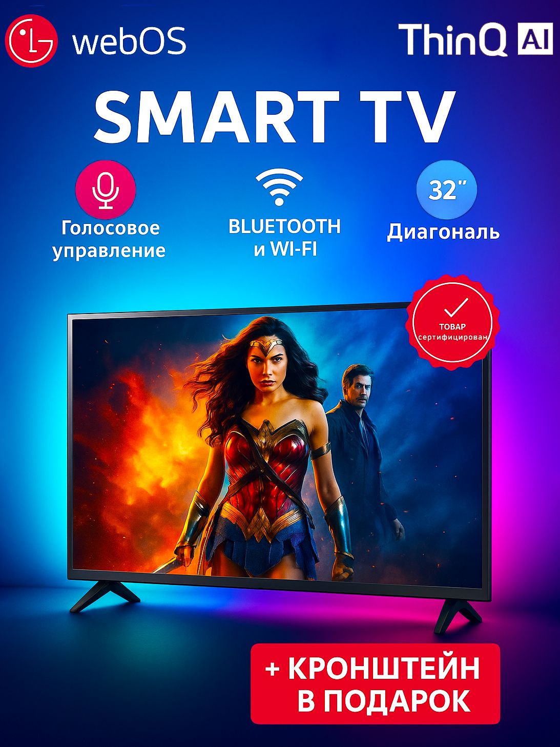 LGТелевизорThinQAI32"-ДУАэромышь(Указка)-сголосовымуправлениемибезрамочныйэкраном.32"FullHD,черный32″FullHD,черный