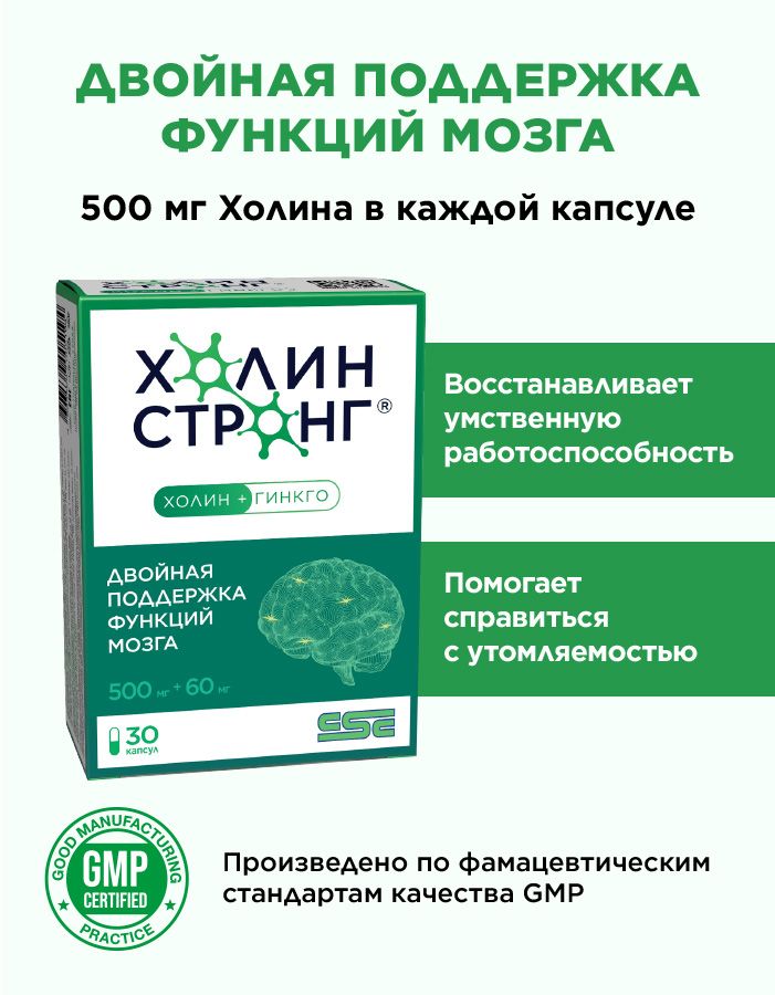 ХолинСтронг,Гингкобилоба60мгХолин500мгБиоперин,улучшаетпамятьивнимание,помогаетсправитьсясострессом,восстановлениепослеболезни(covid),30капсул