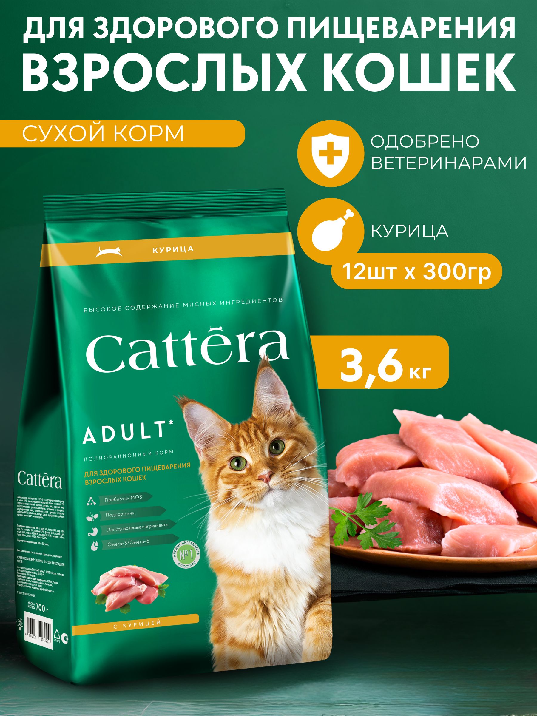 СухойполнорационныйкормдляздоровогопищеварениявзрослыхкошекCATTERAскурицей,300гр,12шт
