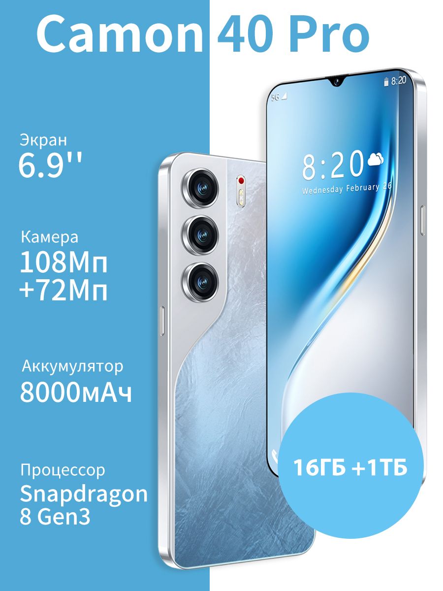СмартфонCamon40ProРостест(EAC)16/1ТБ,зеркальный,лазурный