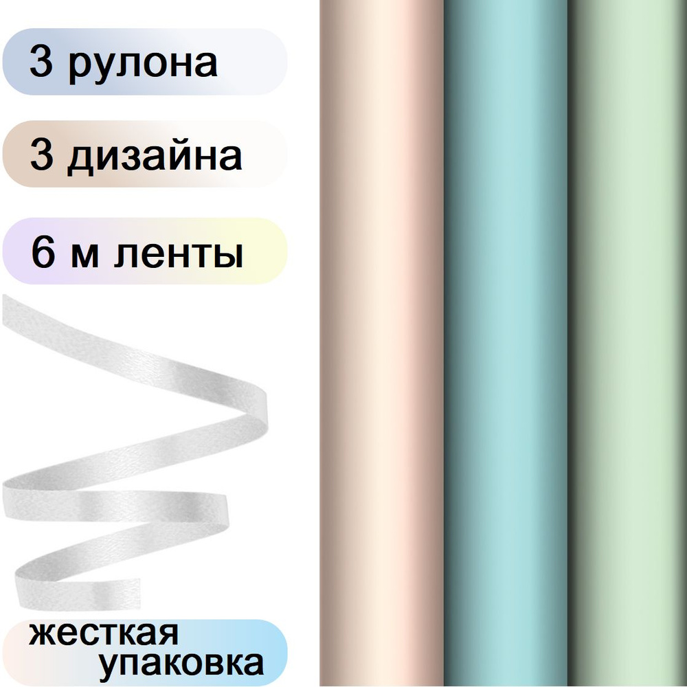 Упаковочная бумага для подарков 3 рулона по 70х100 см, 3 цвета MESHU Пастельные тона, с белой декоративной #1