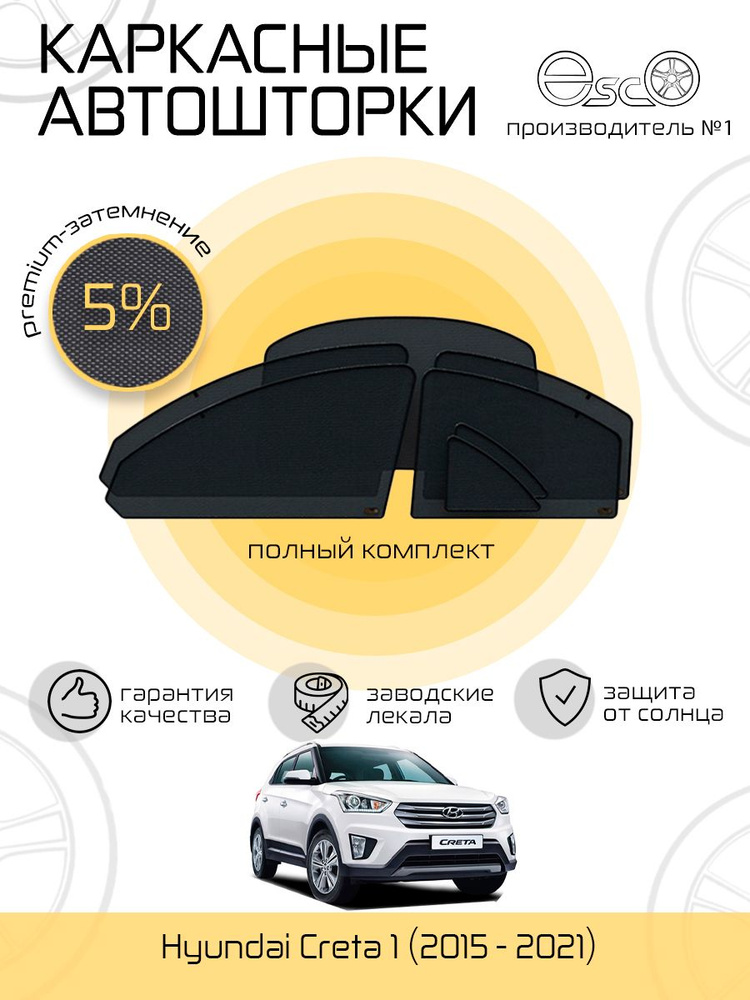 Шторки EscO PREMIUM 90-95% на Hyundai Creta 1 (2015 - 2021) Полный комплект, крепление Магниты ЭскО /Каркасные #1