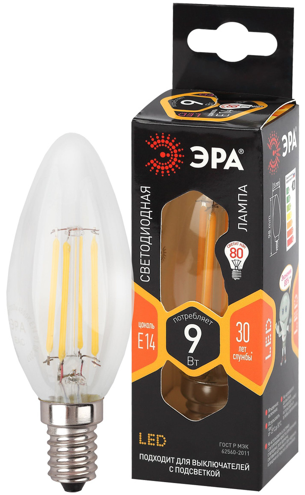 Лампочка светодиодная ЭРА F-LED B35-9w-827-E14 Е14 / Е14 9Вт филамент свеча теплый белый свет  #1