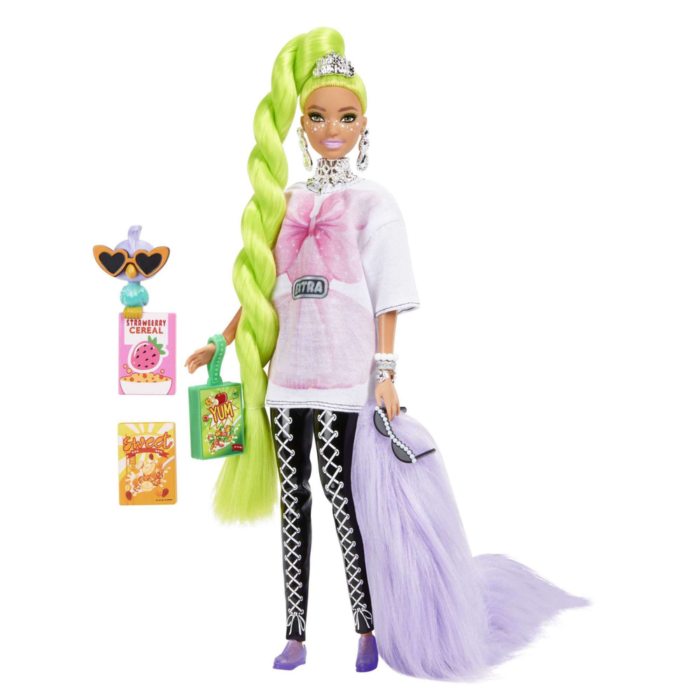 Кукла Barbie Extra с зелеными неоновыми волосами и попугайчиком  #1