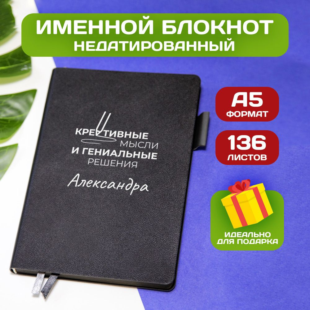 Ежедневник с именем Александр с принтом 'Мысли и решения' недатированный формата А5 Boston черный  #1