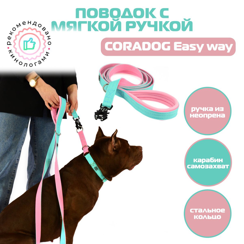 Поводок CORADOG Easy way c мягкой ручкой и карабином самозахватом Frog , длина 2 м, для средних и крупных #1