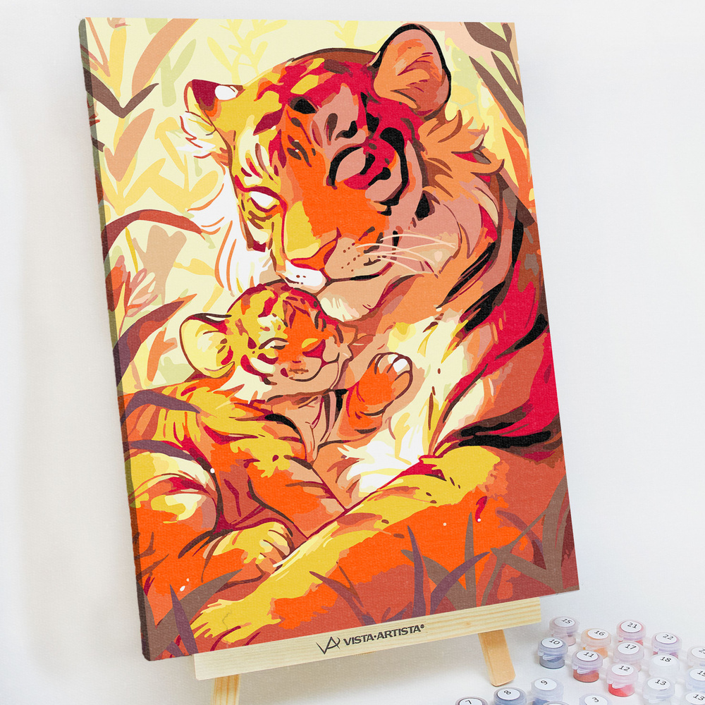 Картина по номерам, холст на подрамнике - Мама с тигрёнком - Любовь и животные 30х40см.  #1