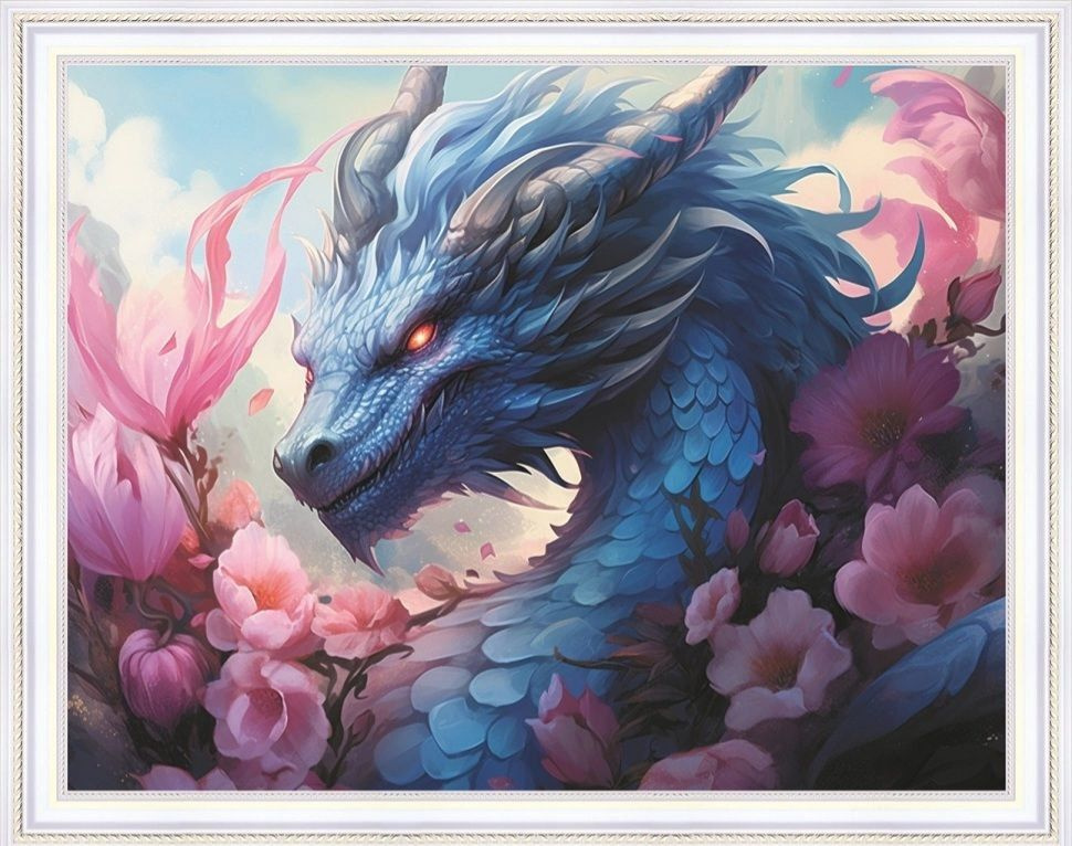 Алмазная мозаика "Дракон в цветах" круглые стразы на подрамнике 40х50 см, HWA5679  #1