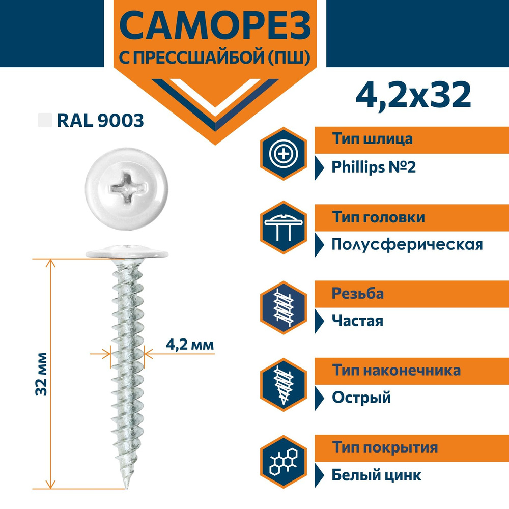 Саморез Rizzel ПШ с прессшайбой острый 4,2х32 RAL 9003 (500 шт) #1