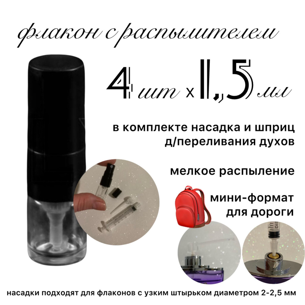 Флакон атомайзер 1,5млх4шт со спрей-насадкой т шприцом для переливания духов в комплекте  #1