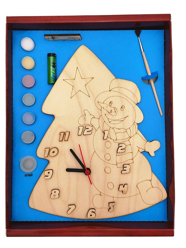 Набор для росписи Нескучные игры Часы "Снеговик" с циферблатом, с красками (УТ000029658)  #1
