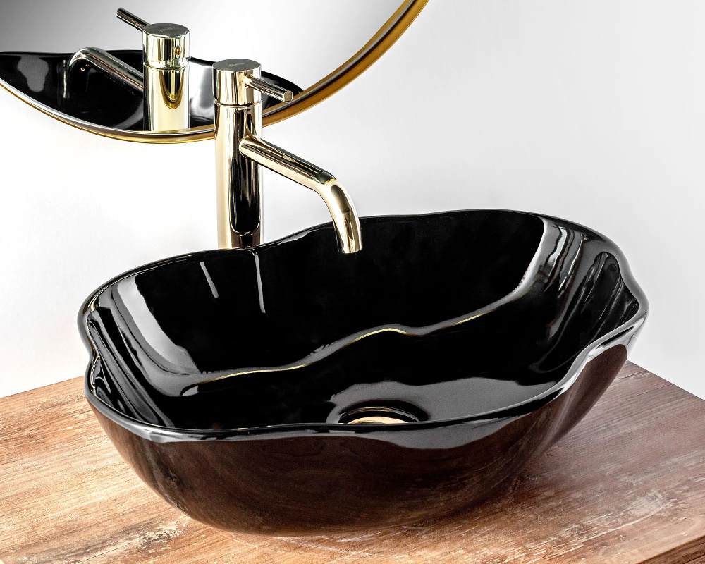 Керамическая раковина (умывальник) для ванной REA PEARL накладная, без перелива, цвет черный/глянцевый, #1