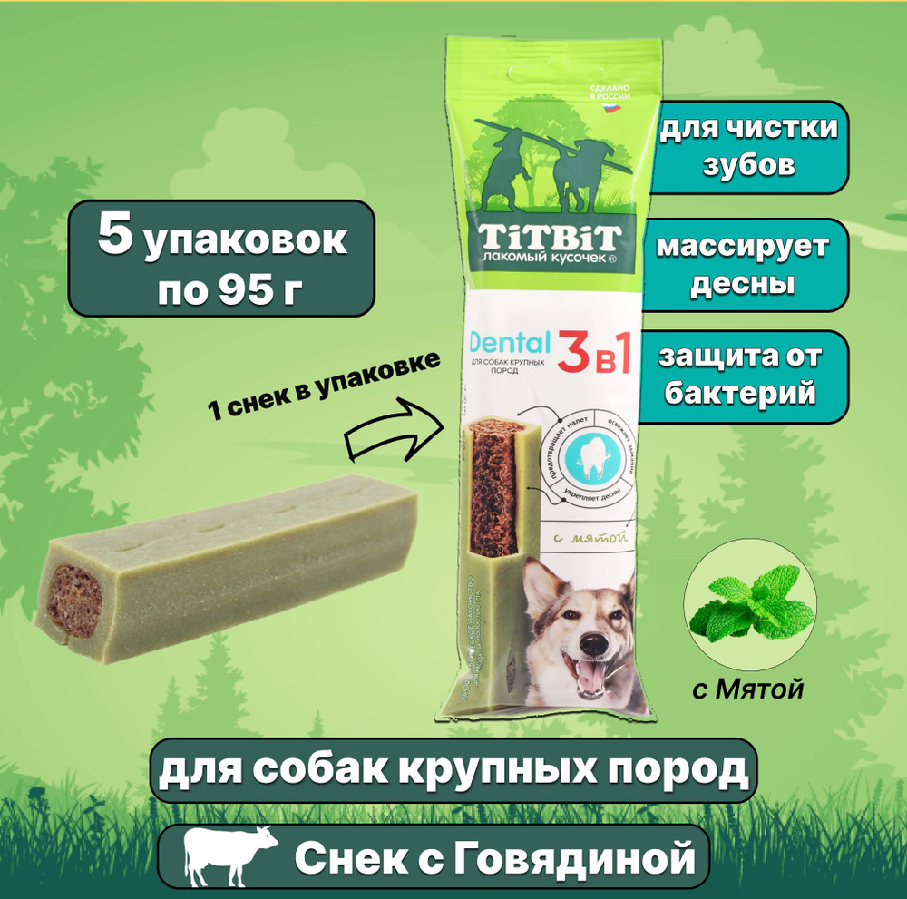 Лакомство TiTBiT Dental 3 в 1 для собак крупных пород снек, Мята, 5 упаковок  #1