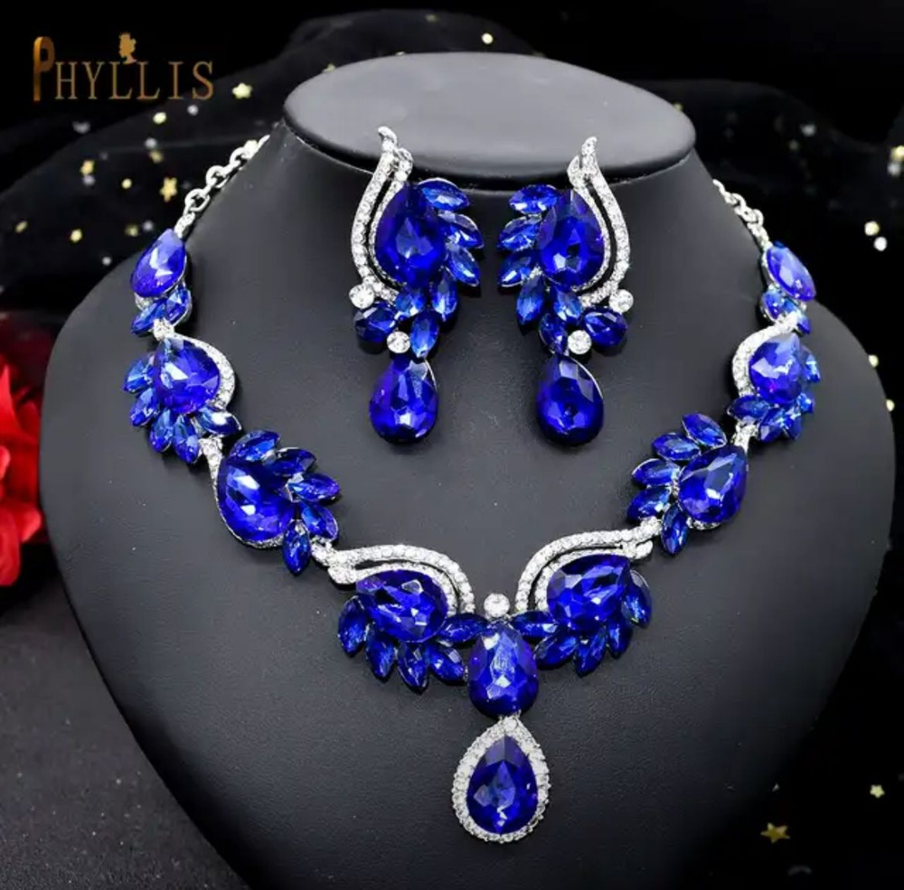 Комплект украшений с крупными камнями и кристаллами/ Ожерелье и серьги с синими камнями/ Бижутерия на #1