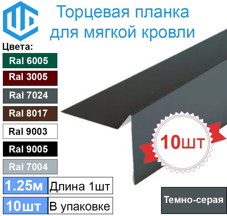 Ветровая, фронтонная планка для мягкой кровли, RAL-7024, 1250мм (10шт)  #1