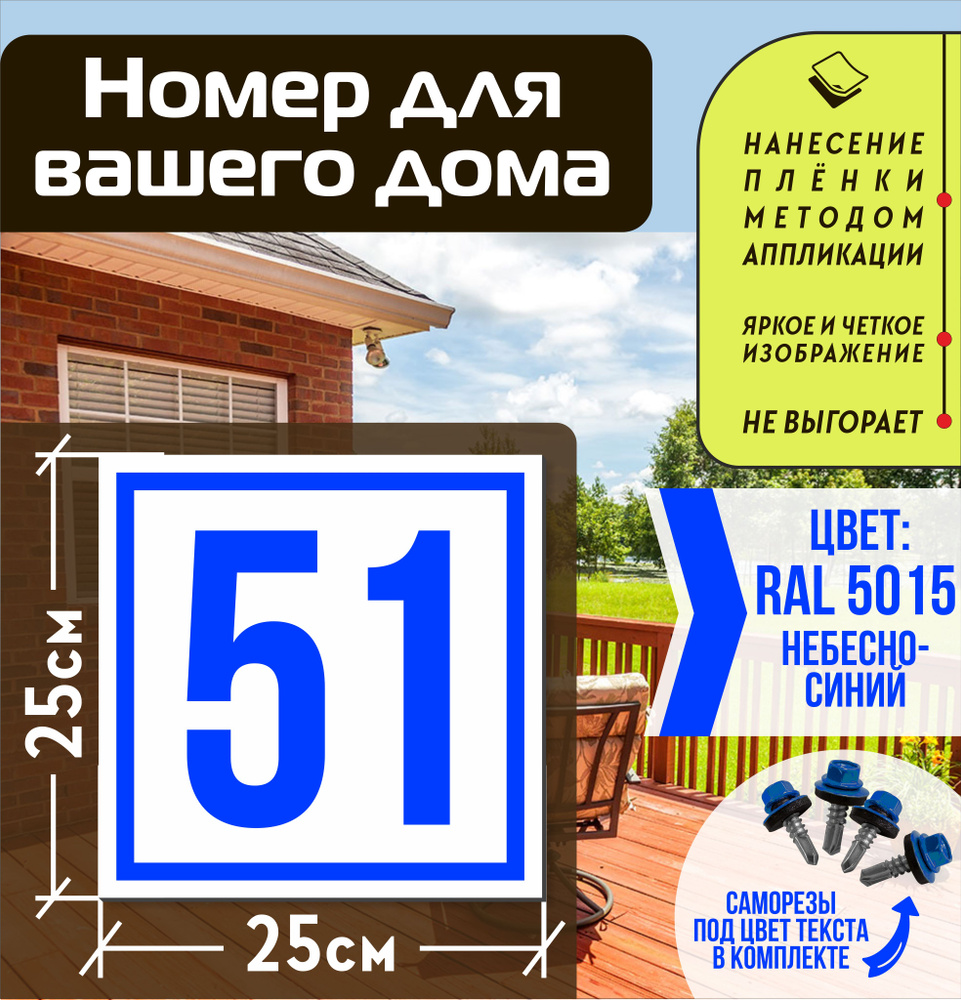 Адресная табличка на дом с номером 51 RAL 5015 синяя #1