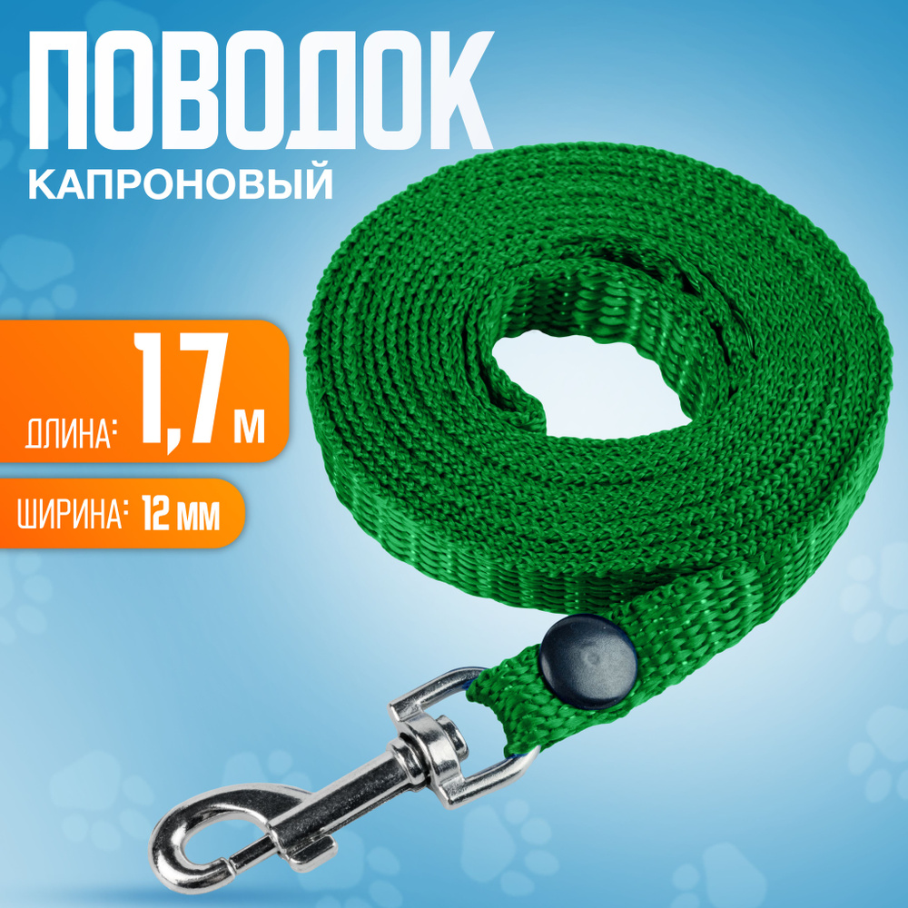 Поводок капроновый 1,7 м х12 мм с вращающимся карабином для мелких пород собак. ЗЕЛЕНЫЙ  #1