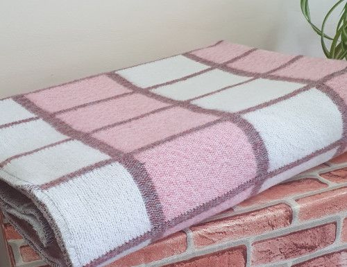 Одеяло п-ш 50% шерсть 50% ПЭ 140х205, бело-розово-бордовая клетка ОПШ-1  #1