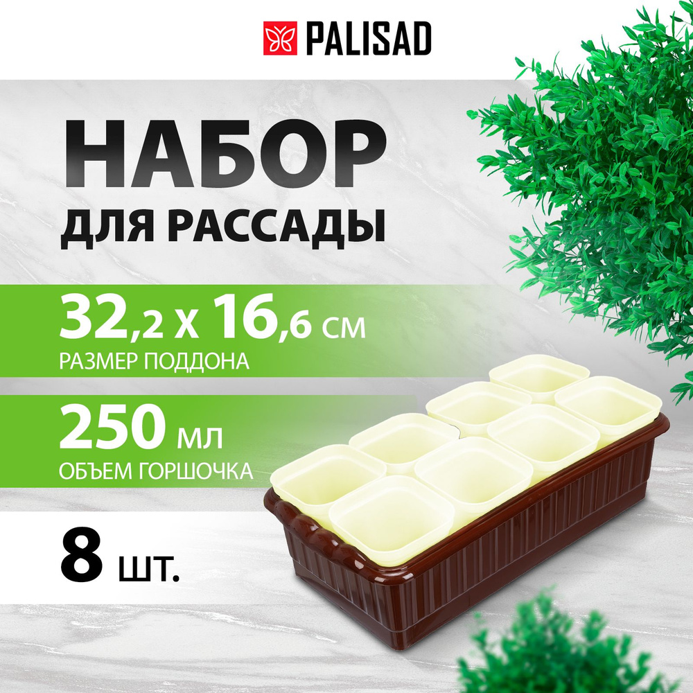 Набор для рассады с поддоном PALISAD, 322 х 166 х 82 мм, горшочки для рассады, 8 штук по 250 мл, с выдвижным #1