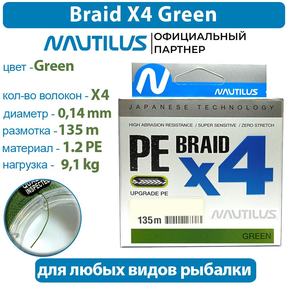 Шнур Nautilus Braid X4 Green d-0.14 9.1кг 1.2PE 135м #1