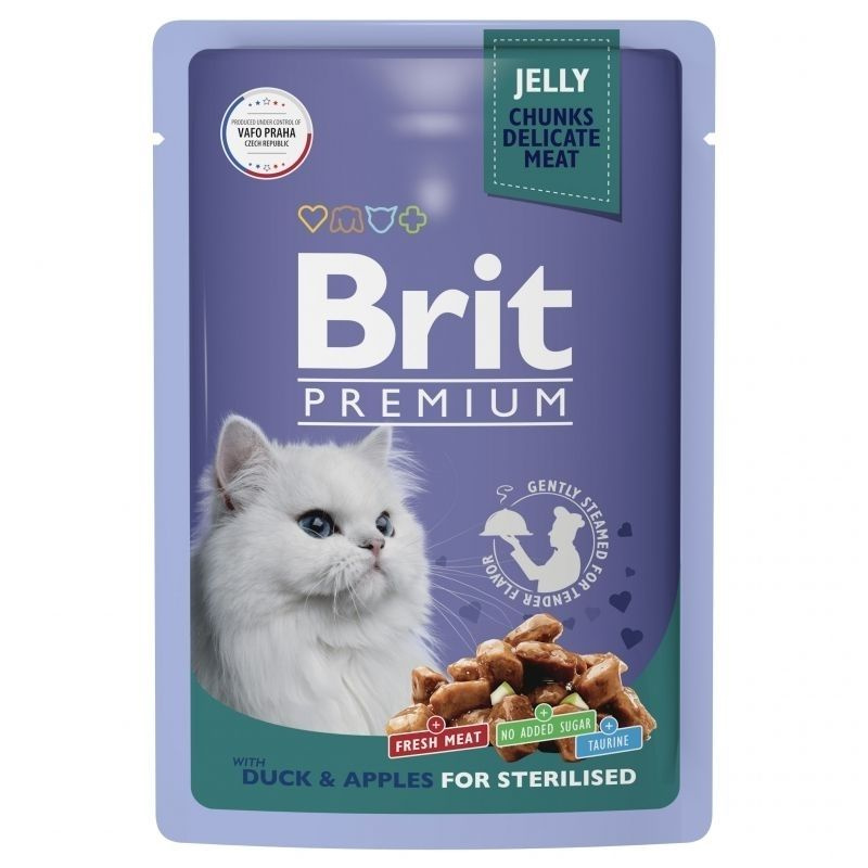 Brit: Premium, Пауч для взрослых, стерилизованных кошек, Утка с яблоками в желе, 85 гр.  #1