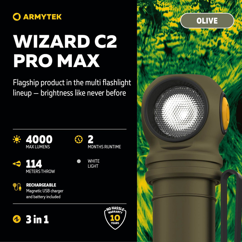 Налобный фонарь ARMYTEK Wizard C2 Pro MAX Magnet 4000лм, Белый свет, олива  #1