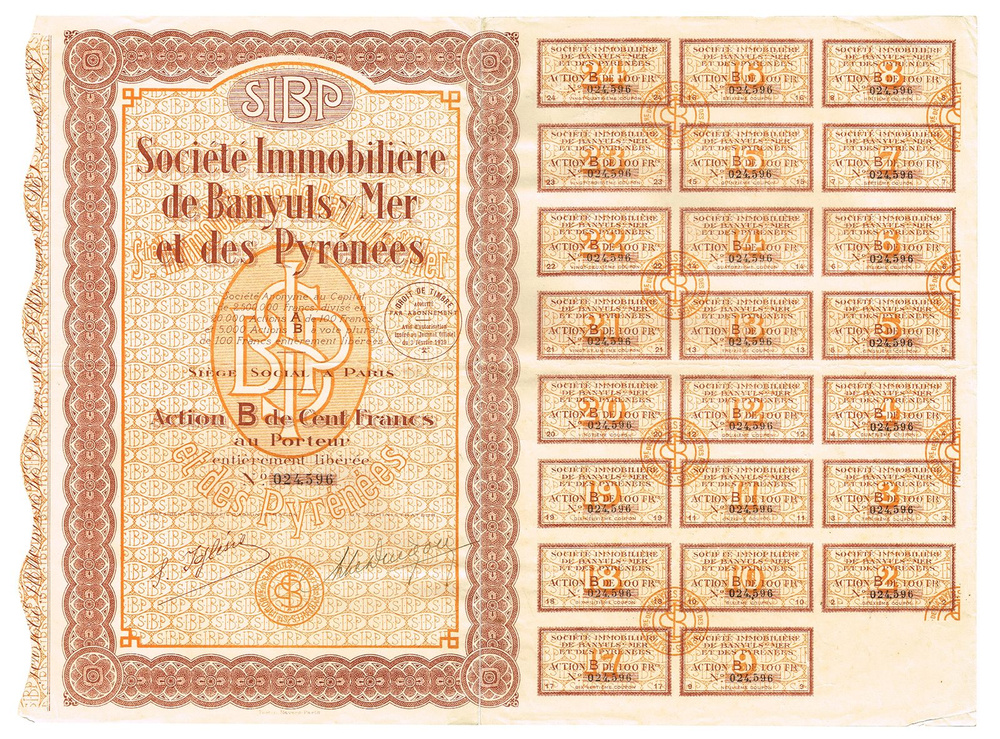 Ценная бумага Акция на 100 франков. Агентство недвижимости Баниёль-Сюр-Мер и Пиренеи. Литера B, № 024,596. #1
