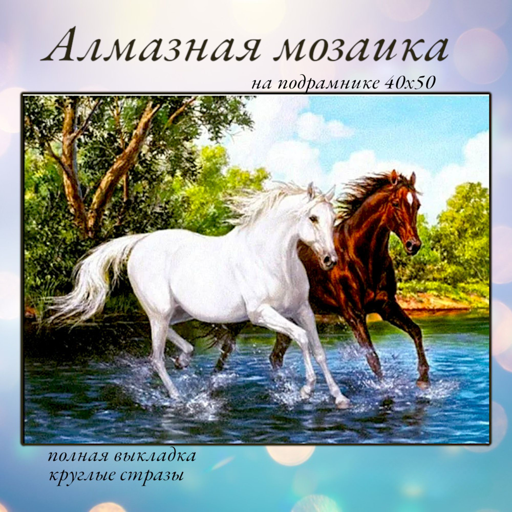 Алмазная мозаика,алмазная живопись на подрамнике 40х50 Картина стразами "2 Лошади"  #1
