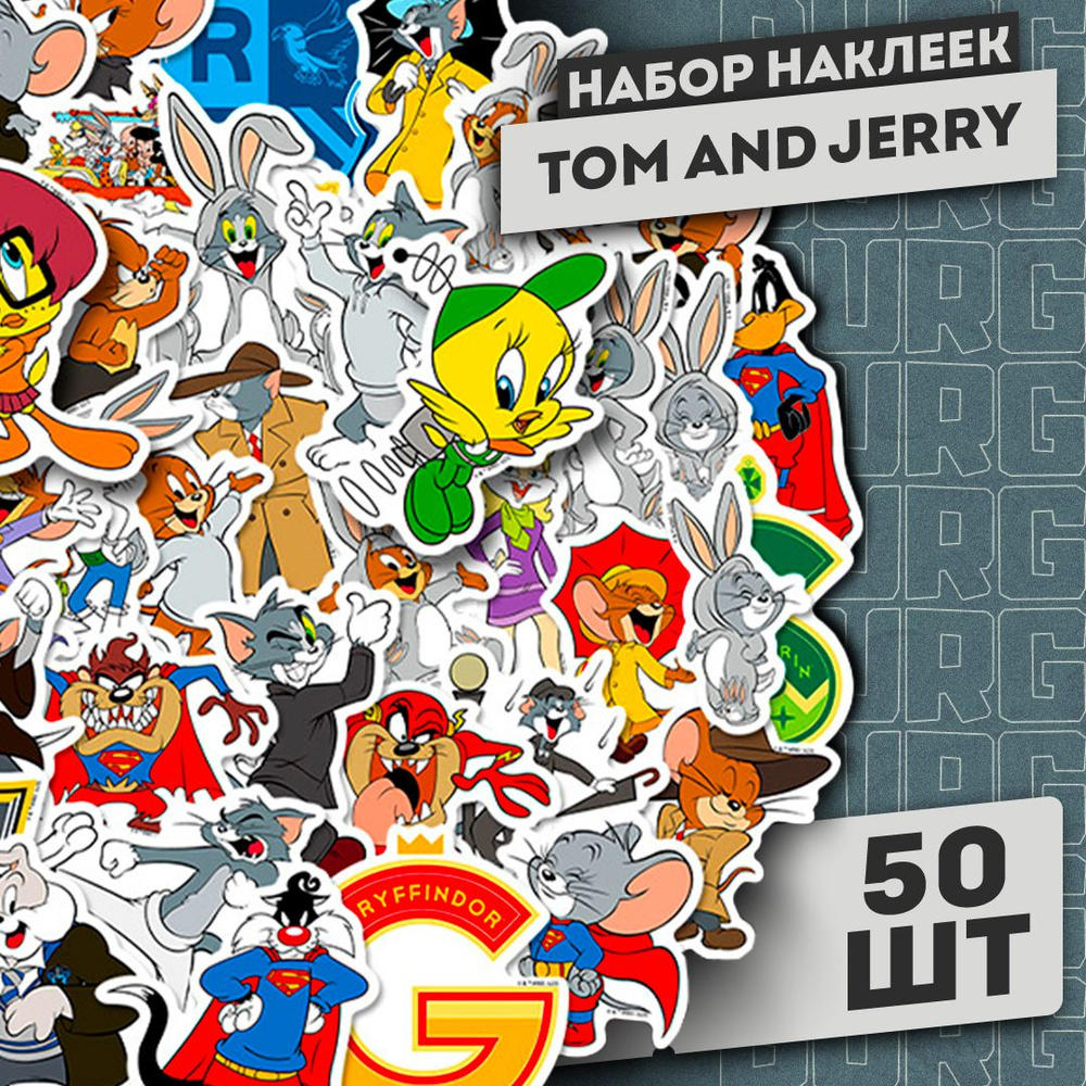 Набор самоклеящихся виниловых наклеек Tom And Jerry 50 шт #1