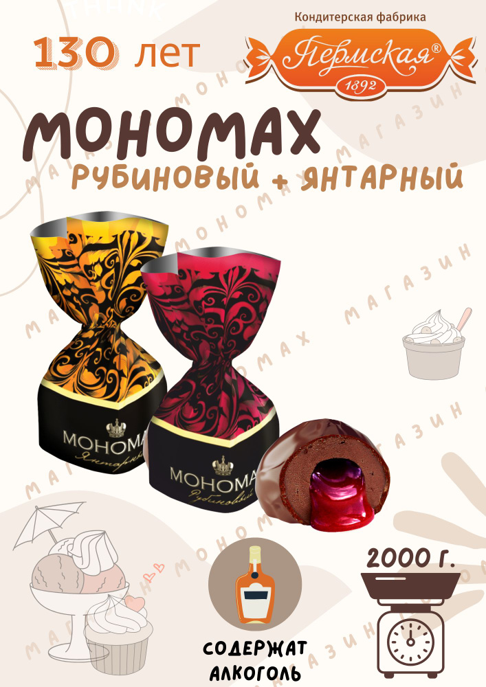 Конфеты шоколадные с алкоголем "МОНОМАХ Микс (Рубиновый, Янтарный)" 2000 г., весовые, Пермская Фабрика #1