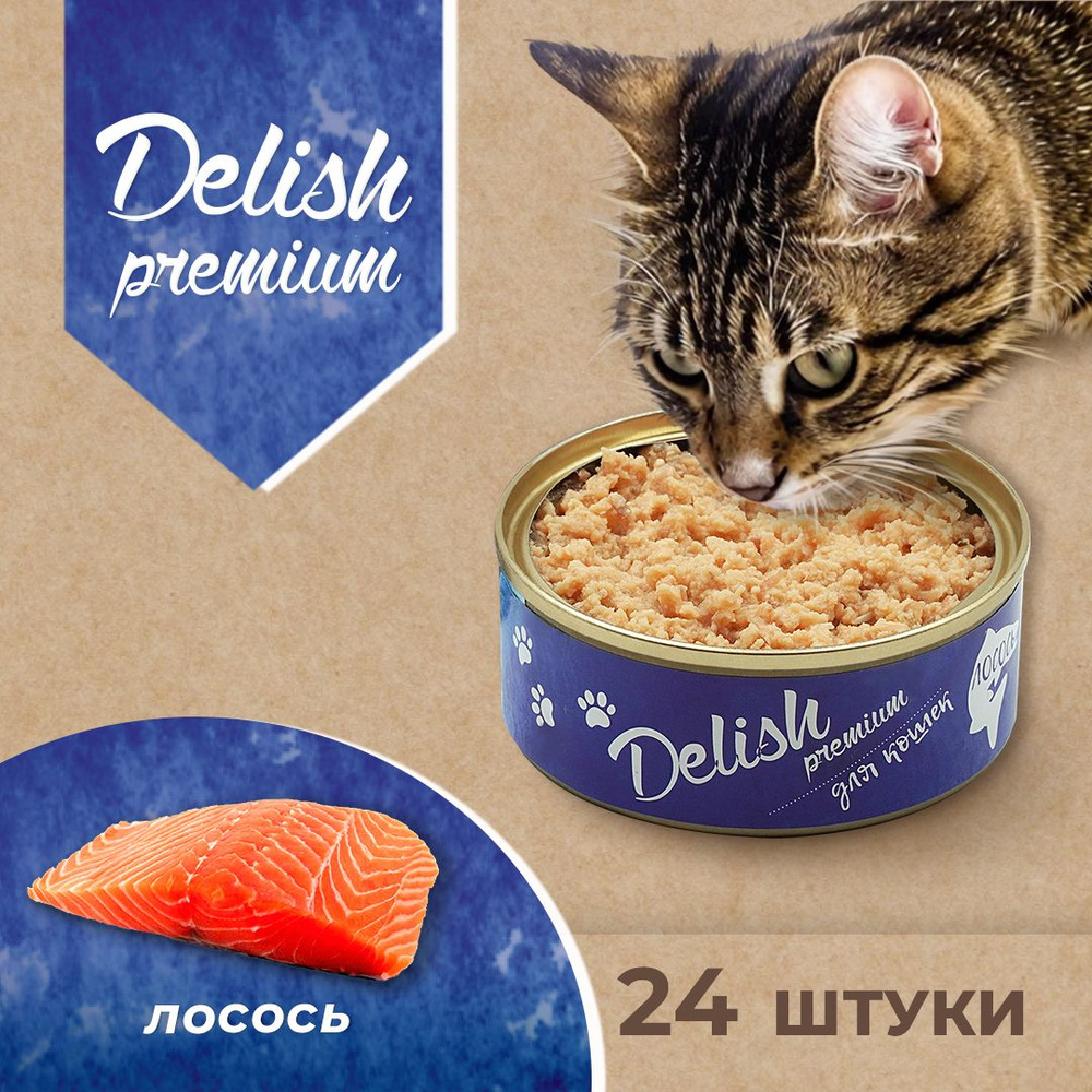 DELISH Premium консервы для кошек, лосось, 24 штук по 100 гр #1