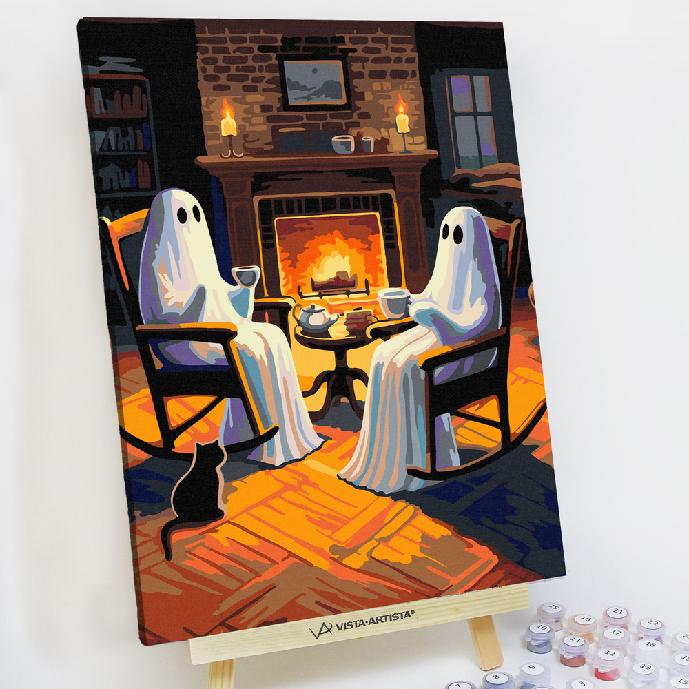 Картина по номерам, холст на подрамнике - Призраки у камина - Привидения, Хэллоуин 30х40см.  #1