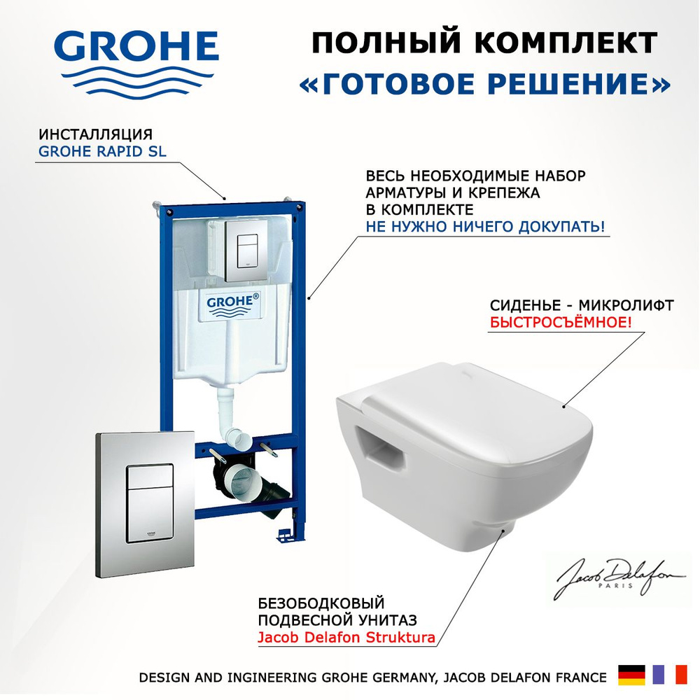 Комплект инсталляция Grohe Rapid SL + Унитаз Jacob Delafon Struktura кнопка хром  #1