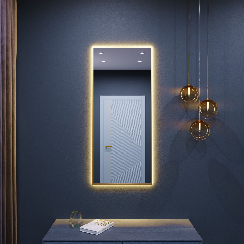 Зеркало с подсветкой в алюминиевой раме настенное ONE MARKET 100х50 см. Свет: Теплый белый 3000К. Золото #1
