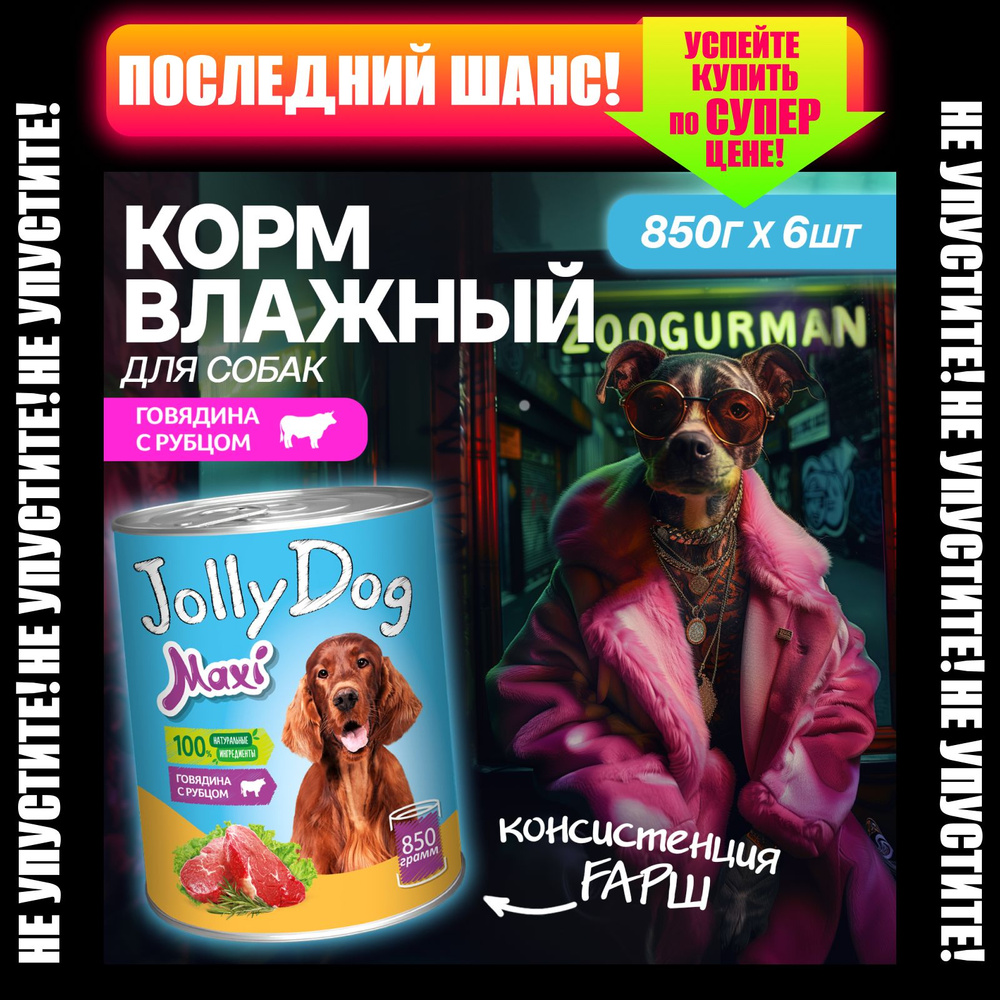 Влажный корм для собак Зоогурман Jolly Dog 850г х 6 шт Говядина с Рубцом, консервы фарш  #1