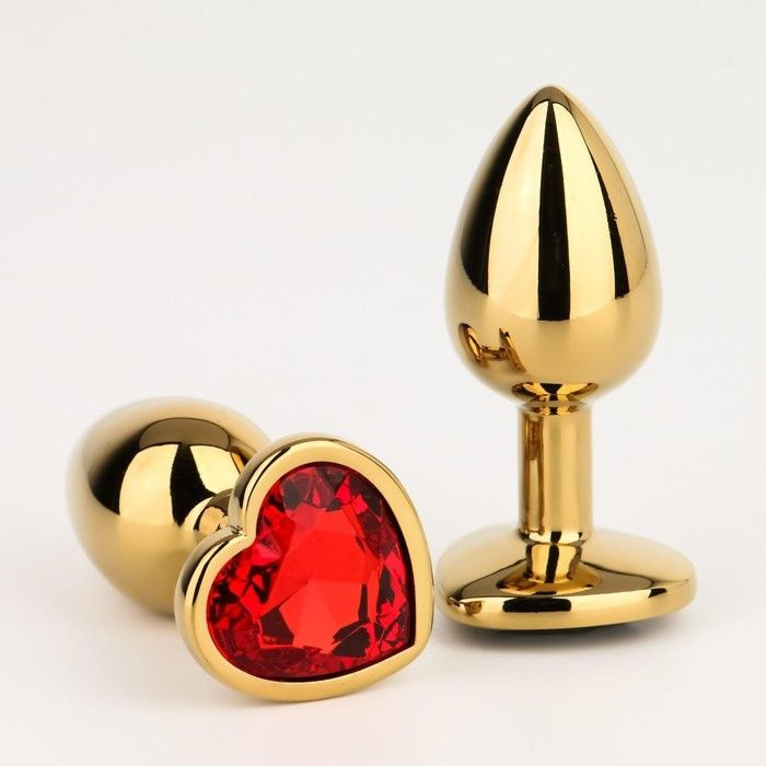 Анальная пробка, золотая, с красным кристаллом в форме сердца, D - 28 мм  #1