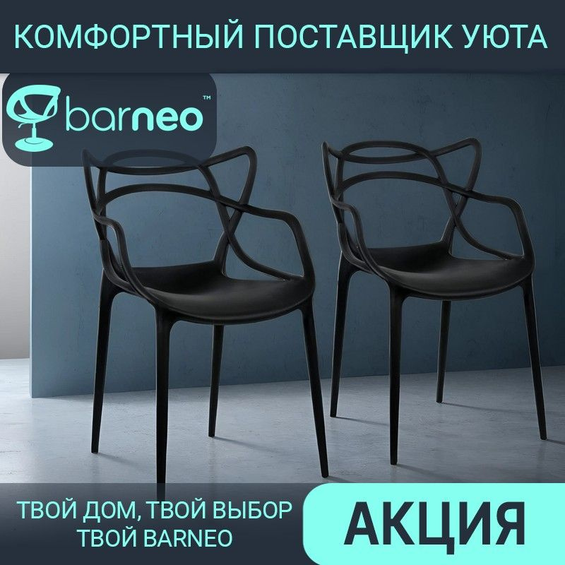 Стулья для кухни со спинкой комплект 2 шт Barneo N-221 Masters черный, износостойкий пластик, цельнолитой #1