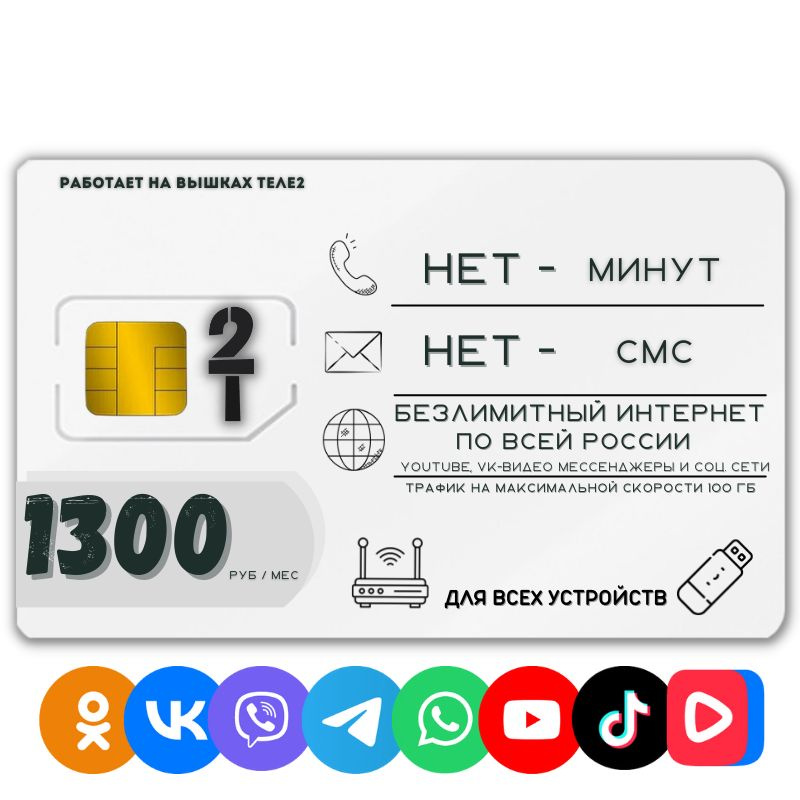 SIM-карта Сим карта Безлимитный интернет Youtube, VK-видео и мессенджеры 1300 руб. в месяц + 100ГБ для #1