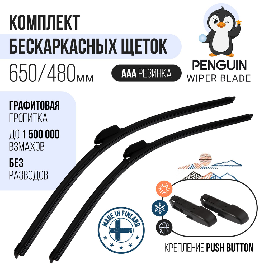 650 480 мм Крепление Push Button 16 мм (узкая кнопка) Щетки стеклоочистителя бескаркасные Penguin на #1