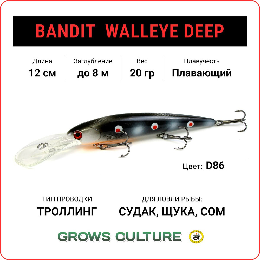 Воблер для троллинга Grows Culture BANDIT WALLEYE DEEP 120F цв. D86, заглубление до 8 метров, воблер #1