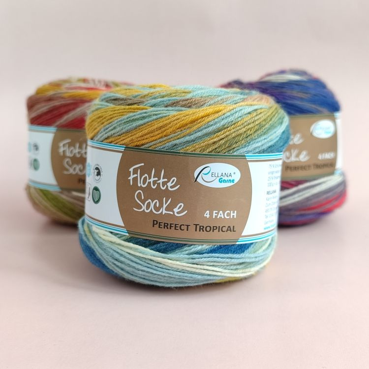 Пряжа Rellana Flotte Socke 4f. Perfect Tropical, цвет 1790, 1 шт. (75%шерсть, 25% полиамид; 100 гр/420 #1