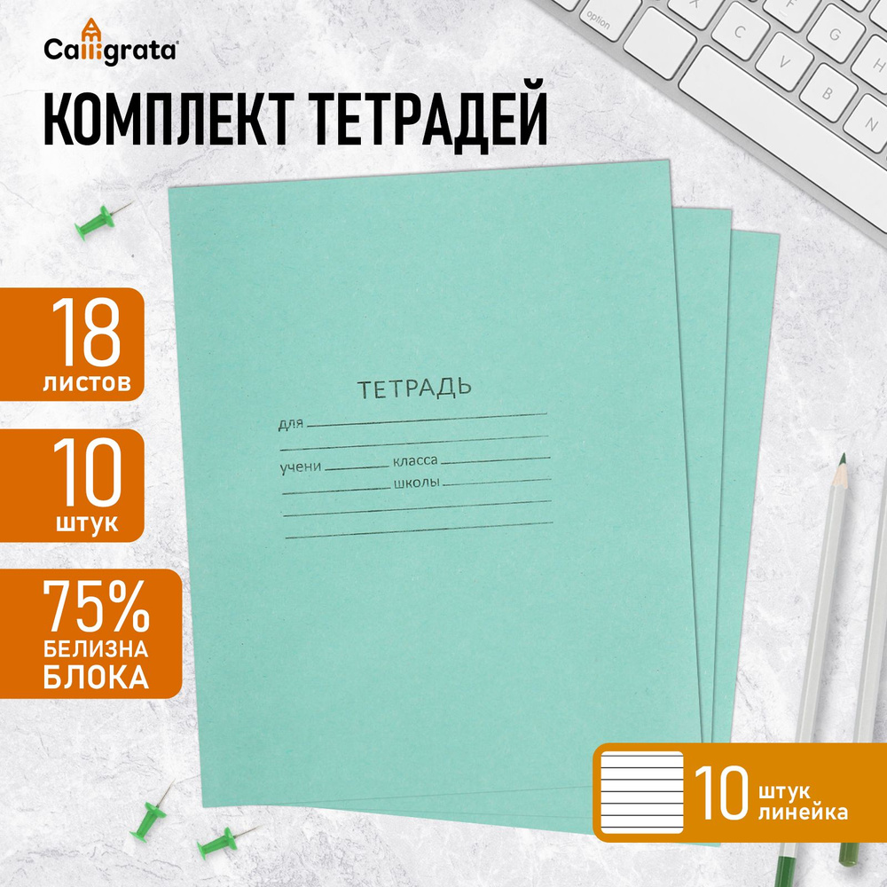 Комплект тетрадей из 10 штук, 18 листов в линию КПК "Зелёная обложка", блок №2, белизна 75% (серые листы) #1