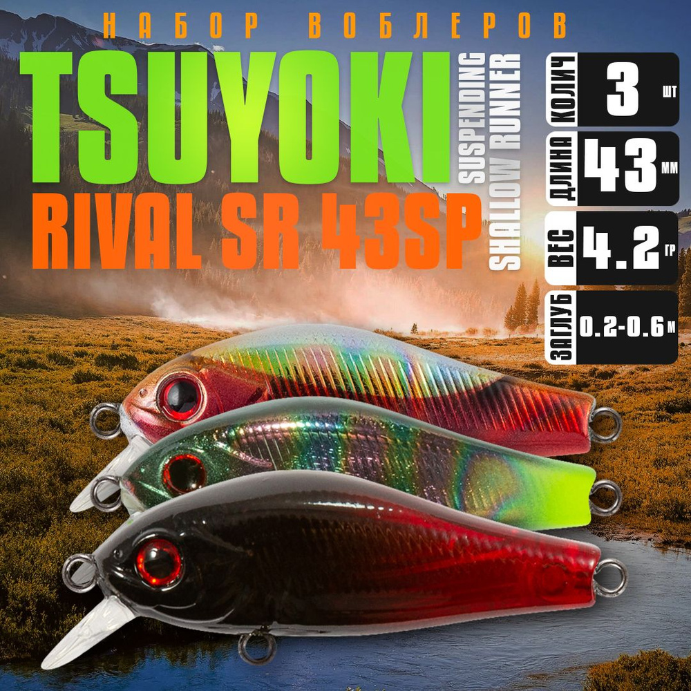 Набор воблеров 3 шт TsuYoki RIVAL SR 43SP L002 L012 SD002, 43 мм, 4.25 гр, суспендер, до 0.6 м / Рыболовные #1