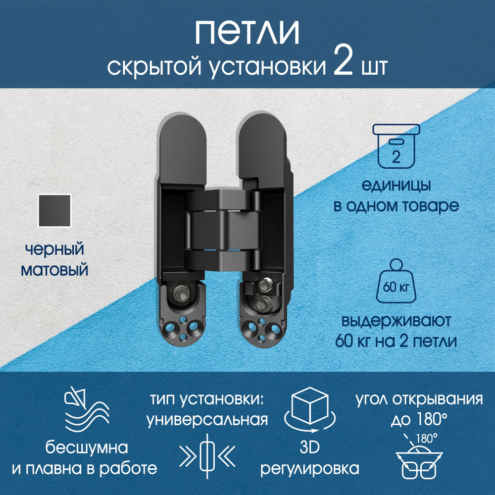 Петля дверная скрытой установки 135х27мм, соосная, универсальная, с 3D-регулировкой, черный матовый  #1