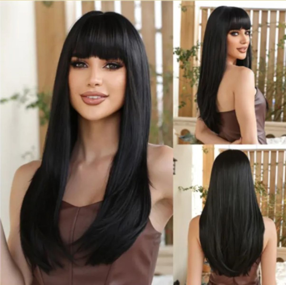 Парик женский Wigs-Luxury с челкой, длинный, черный, прямые волосы, 60 см.  #1