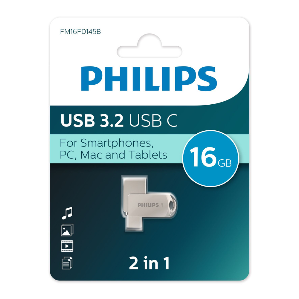 Флеш накопитель 16Gb PHILIPS 2-in-1 USB 3.2 USB C, OTG, USB 3.2/Type-C, Металл, 100 MB/s  #1